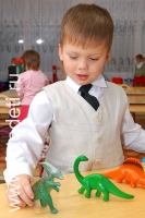 Мальчик играет с игрушечными динозаврами, детские фотографии из фотогалереи «Дети играют