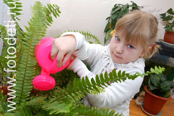 Раннее развитие детей. Девочка поливает комнатные растения.