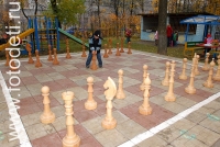 Очень большие шахматы, на фото дети занимаются спортом