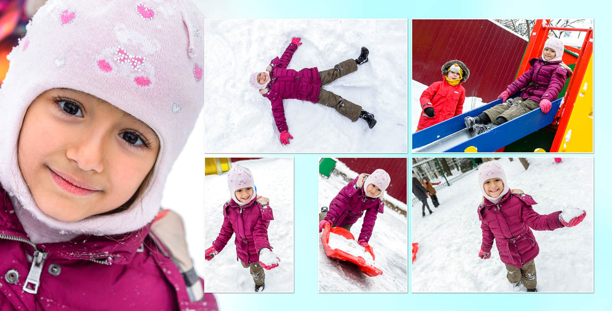 Индивидуальная фотокнига. Дети за игрой на зимней детской площадке в детском саду. Положительные эмоции рулят
