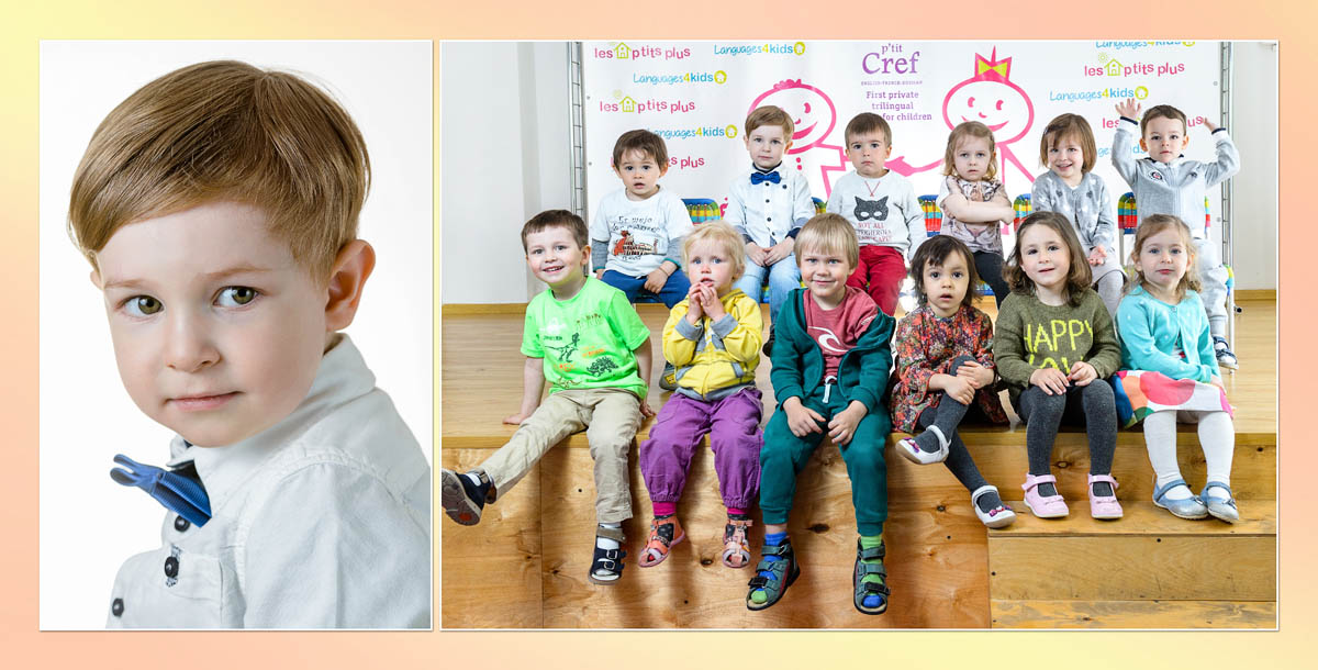 Веселые друзья на групповой фотографии в детском саду
